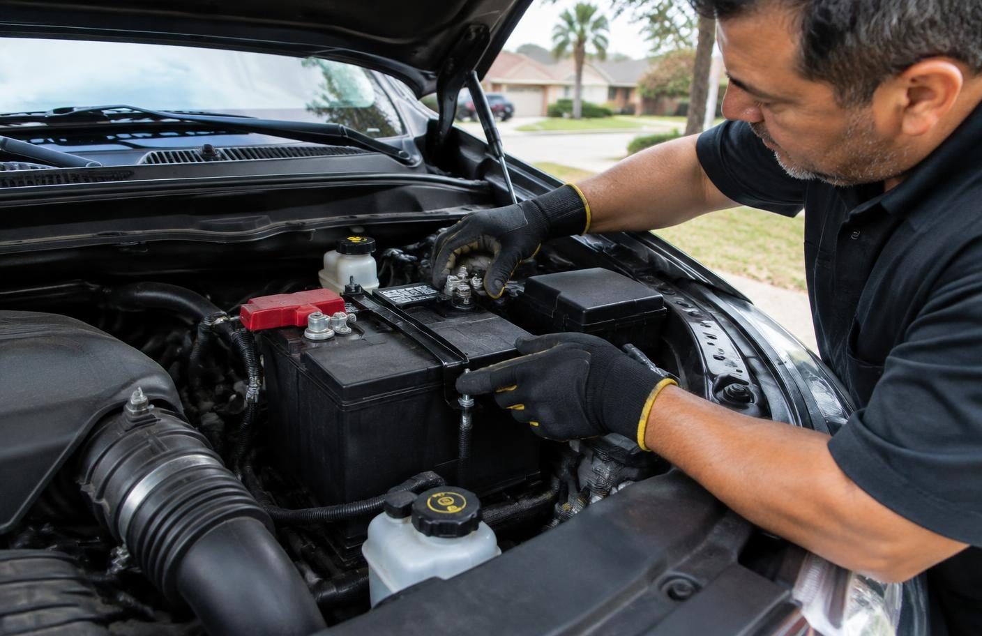 Technician inspecting a vehicle battery before service
