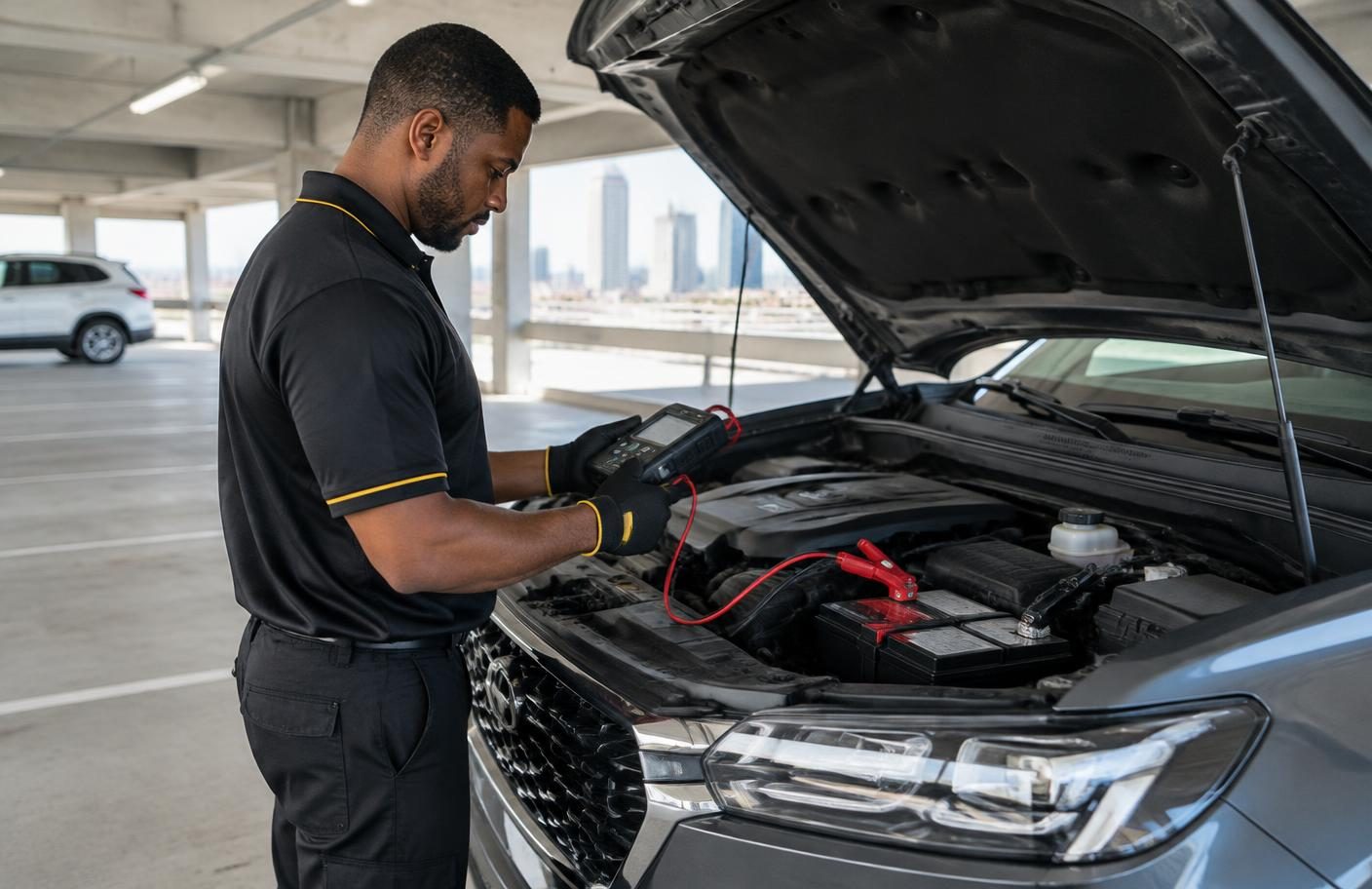 Mobile battery testing in a Houston parking garage