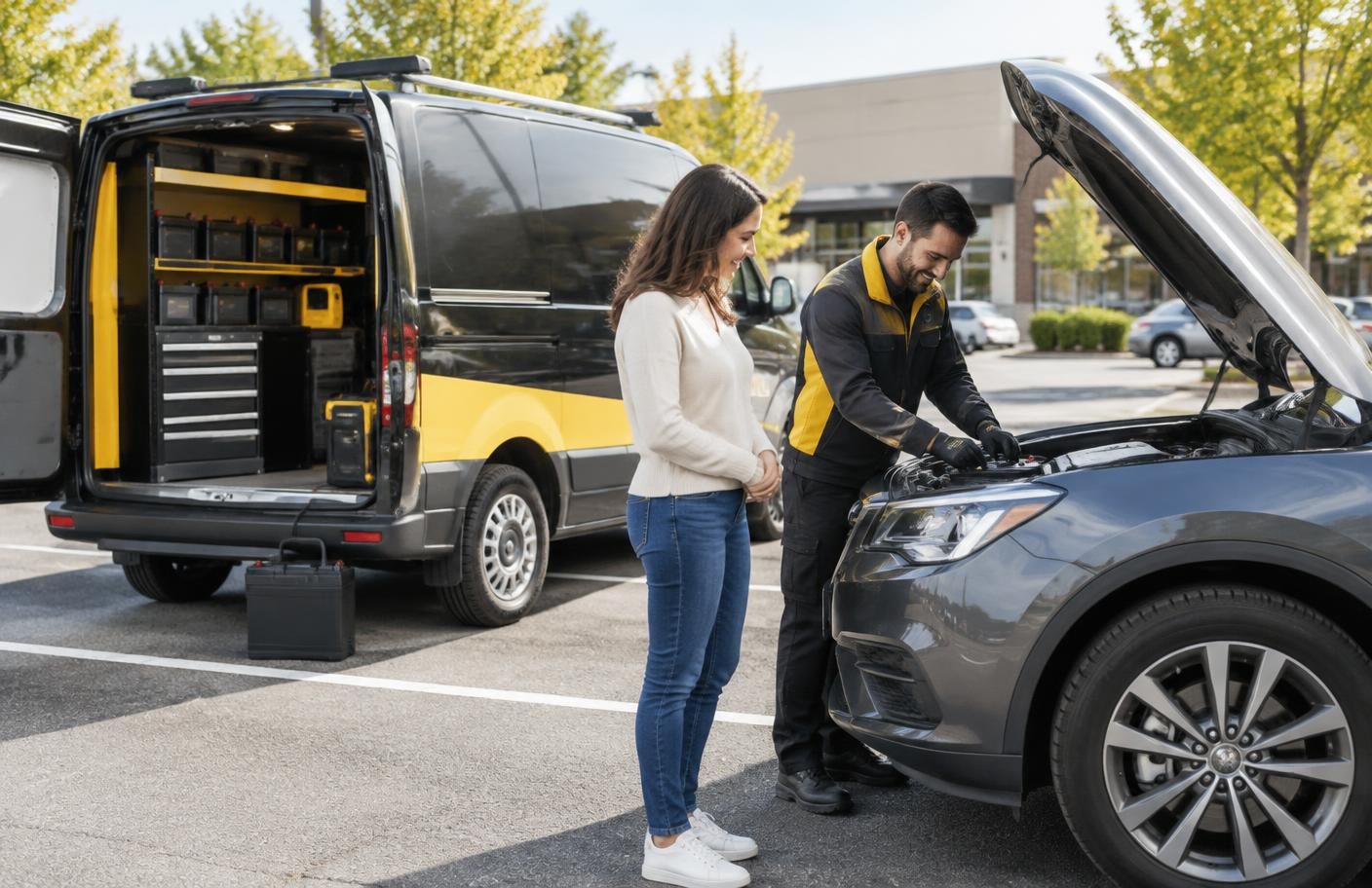 Mobile battery technician arriving beside a parked vehicle