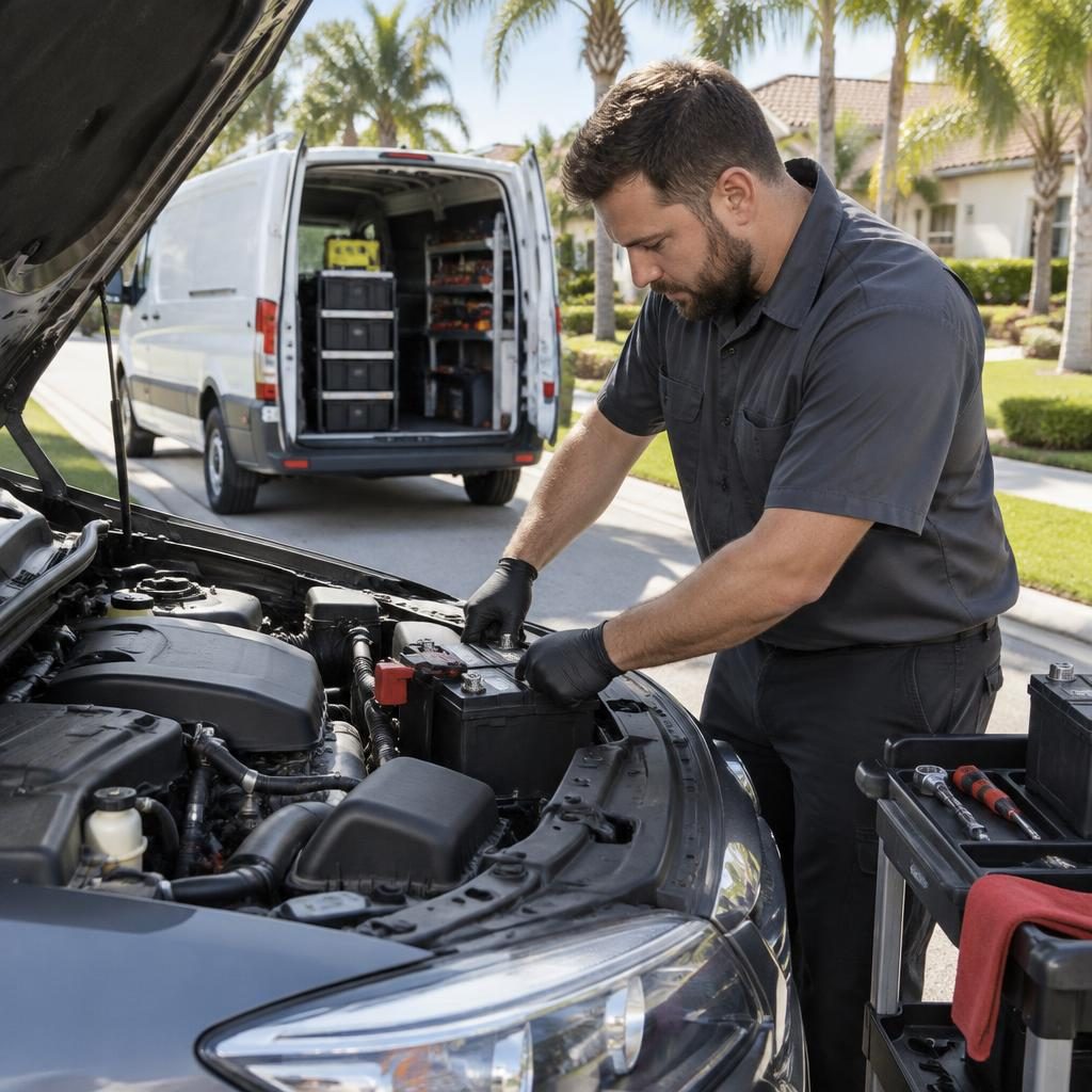 Mobile battery technician installing a car battery beside a service van
