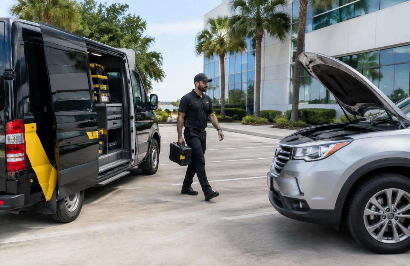 Mobile service technician approaching a customer vehicle